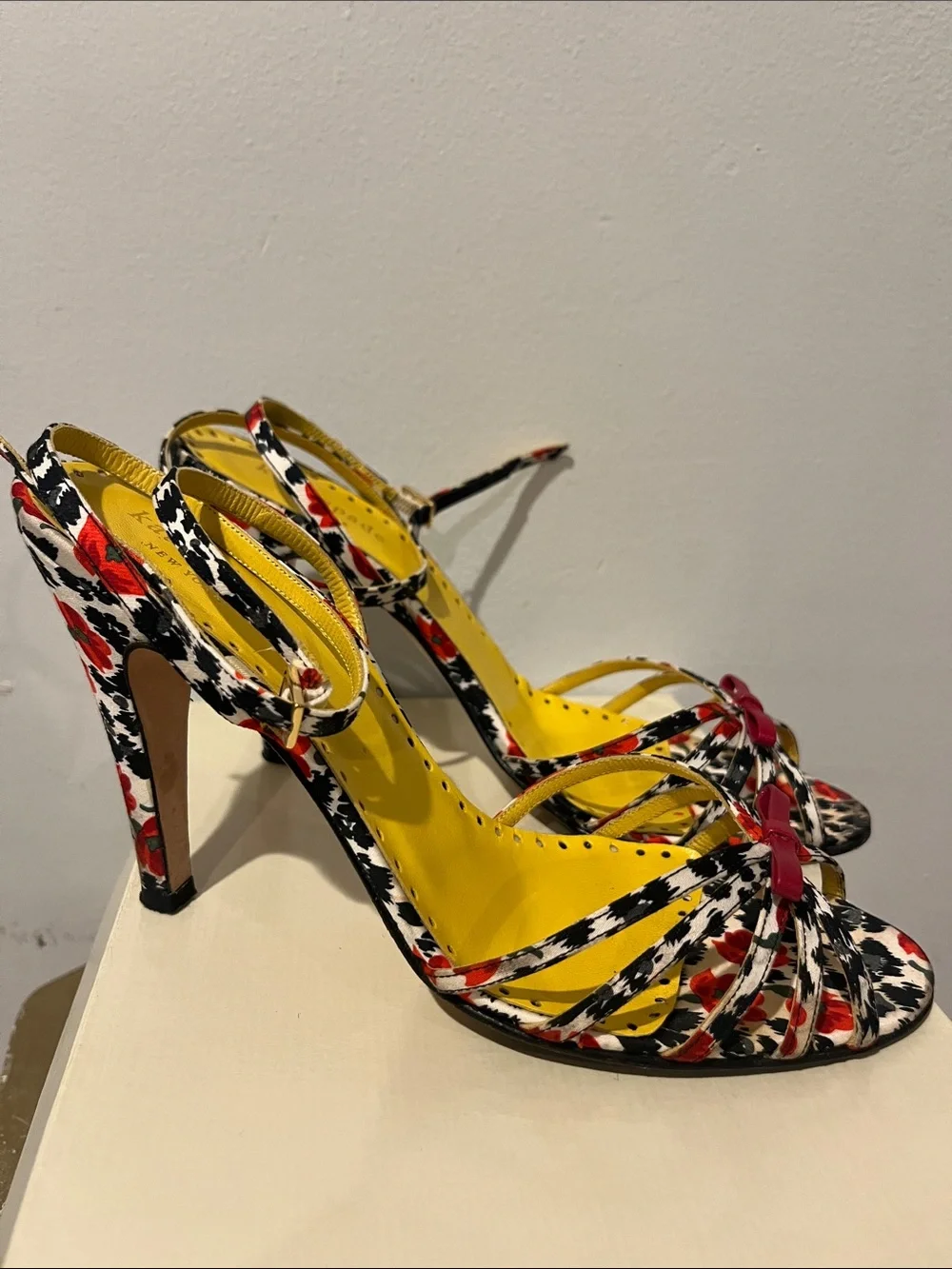 kate spade Yellow Floral Leopard-Print Ankle Strap Heels